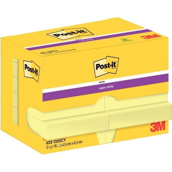 Set med 12 flyttbara block 90 ark Post-it Super Sticky gul 47,6 x 47,6 mm