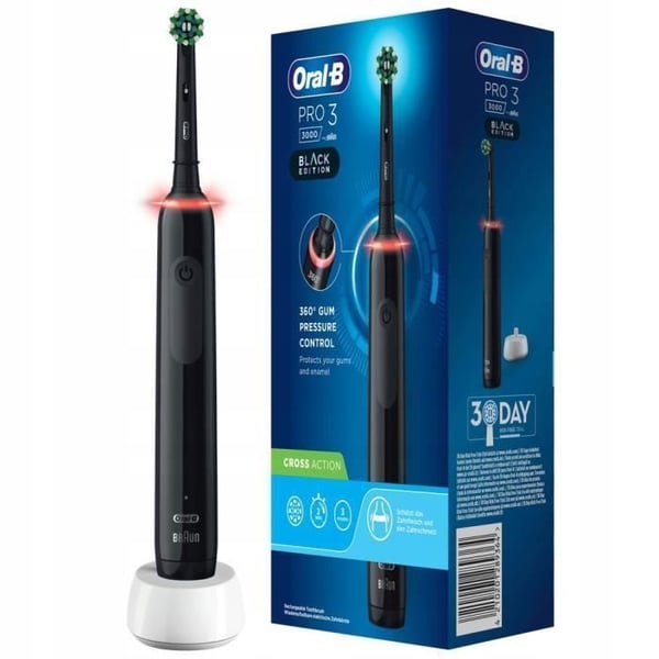 Elektrisk tandborste - Oral B - Pro 3 3000 - Svart - 4 borsthuvuden - 3 lägen - Trycksensor - Lång batteritid