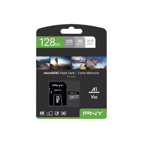 PNY PRO Elite MicroSDXC-kort - 128 GB - Klass 10/UHS-I (U3) - 100 MB/s Läs - 90 MB/s Skriv