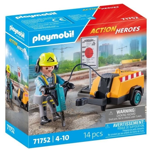 PLAYMOBIL 71752 Arbetare med hålmaskin och signalering, Action Heroes, Byggnation, 14 delar, Från 4 år