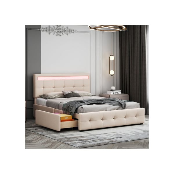 Lit - MUVOE - 140 x 200 cm - Polstret med LED - 4 skuffer - Let at montere