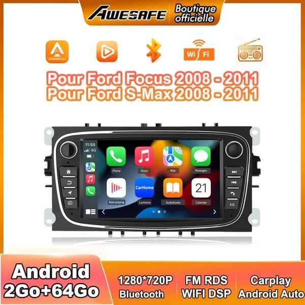 AWESAFE Autoradio Android 13 för Ford Focus C-Max S-Max Mondeo Kuga Galaxy 2Go+64Go 7 '' Pekskärm Carplay Android Auto