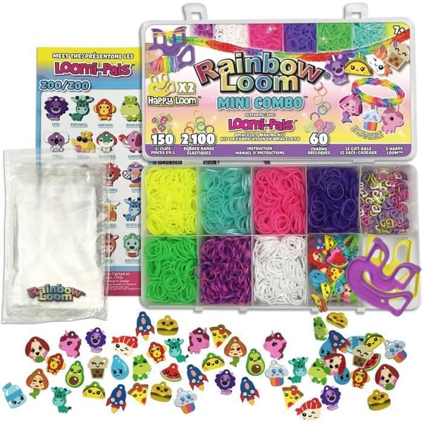 Coffret för tillverkning av armband - BANDAI - Rainbow Loom Mini Combo Set Loomi Pals - 2100 gummiband / 60 charms