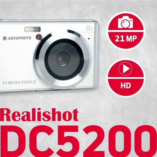AGFAPHOTO Realishot DC5200 - Kompakt Kamera, 21MP, LCD Skærm 2,4", 8x Zoom, HD Video, Lithium Batteri, SD Kort - Sølv