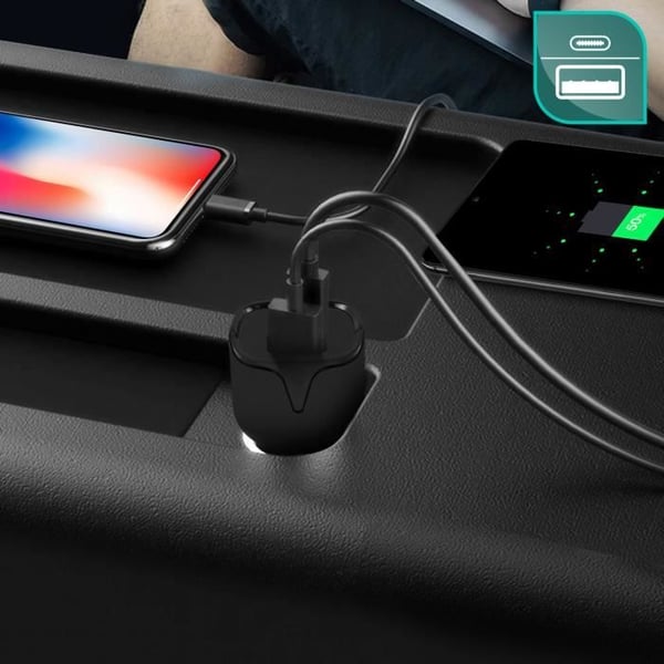 Laddare bil - Setty - Cigarettenständare - Dubbel USB- och USB-C-utgång - 2.4A - Överspänningsskydd