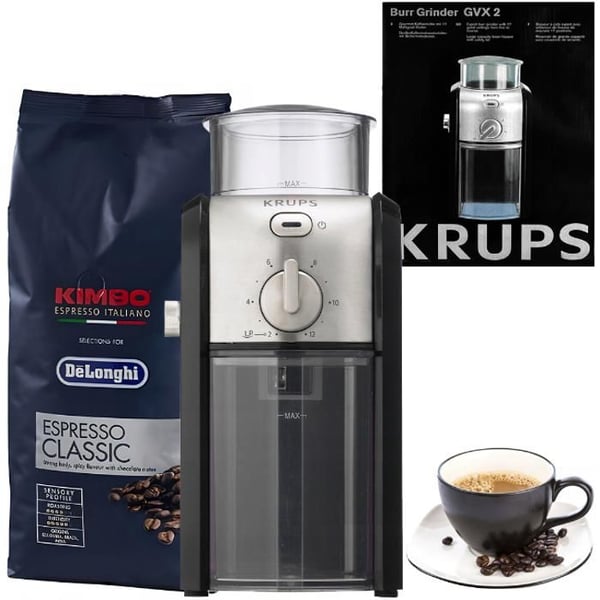 Kaffekvarn - KRUPS - GVX242 - Grå - Set med kvarn + kaffe (Kimbo Classic)