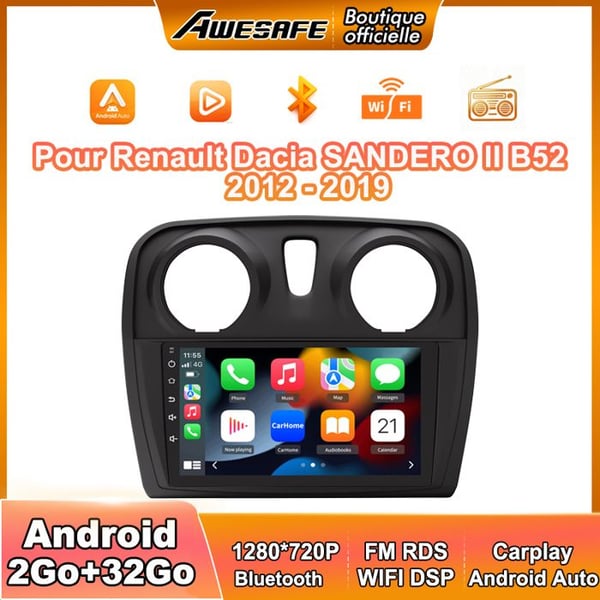 AWESAFE Autoradio Android 13 2Go+32Go för Renault Dacia SANDERO II B52 (2012-2019) 9'' Pekskärm med Carplay GPS Android Auto