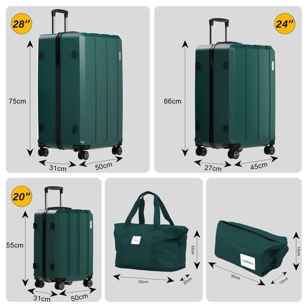 Set med 5 resväskor, väska 75cm-66cm-55cm + faltbar reseväska + sminkväska grön