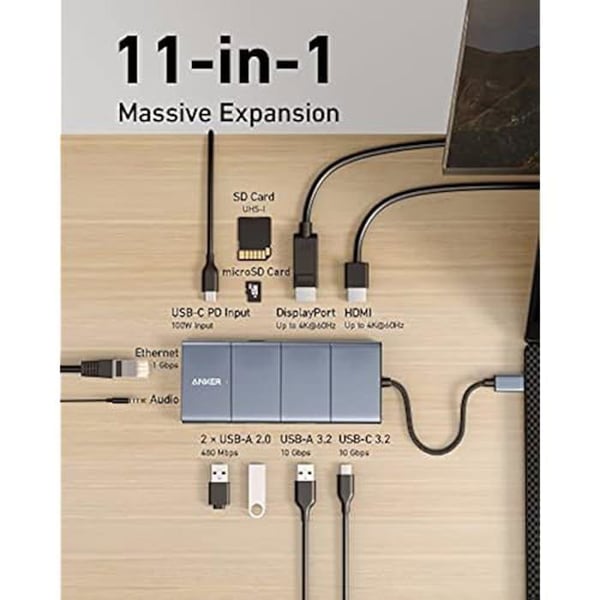 Hub USB-C 565 - ANKER - 11 i 1 - 10 Gbps - HDMI 4K - Laddare 100 W
