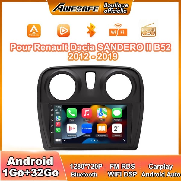 AWESAFE Autoradio Android 13 1Go+32Go för Renault Dacia SANDERO II B52 (2012-2019) 9'' Pekskärm med Carplay GPS Android Auto