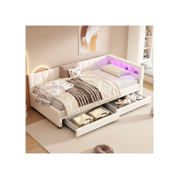 Sängsoffa - MUVOE - 90x200 cm - Beige linne - LED-belysning - USB-C-port