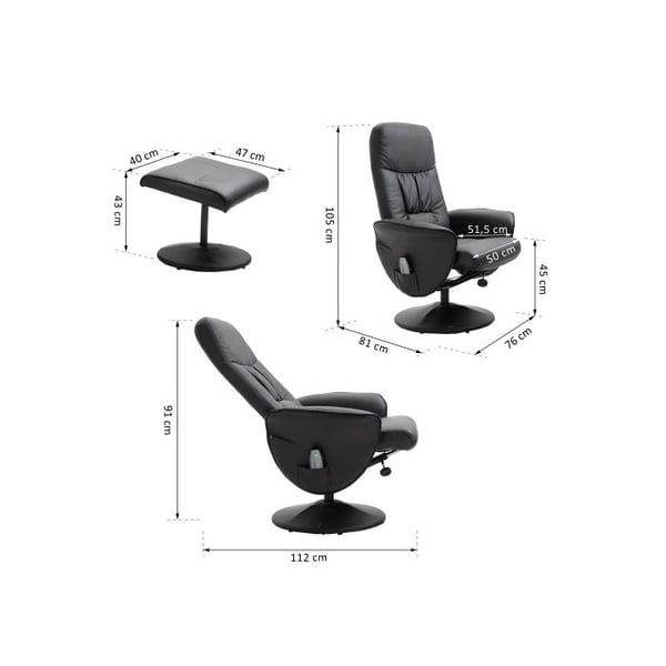 Chaise longue - MUVOE - HOMCOM - Syntetisk læder sort - 10 massagepunkter - Justerbar rygdel