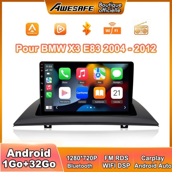 AWESAFE Autoradio Android 13 för BMW X3 E83 (2004-2012) med 1Go+32Go 9'' pekskärm Carplay GPS Bluetooth Android Auto