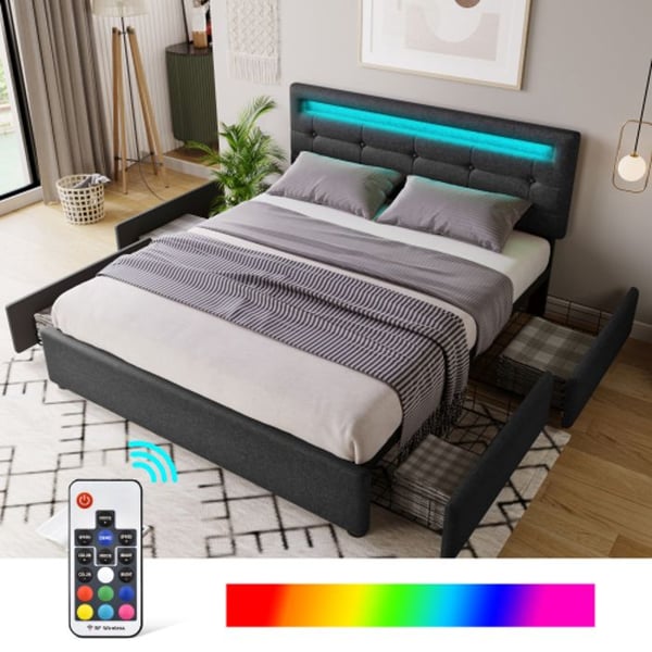 Sengestel - MUVOE - 140x200cm - Sort - 4 skuffer - LED-belysning