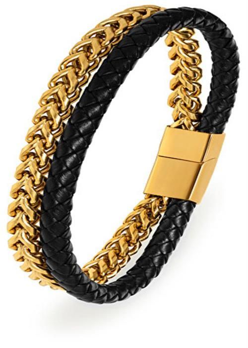 Lyxarmband - Troli - Bicolor - Svart läder - Guldstål - 23 cm