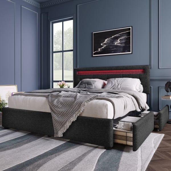Sengestel - MUVOE - 140x200cm - Sort - 4 skuffer - LED-belysning