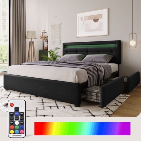 Sengestel - MUVOE - 140x200cm - Sort - 4 skuffer - LED-belysning
