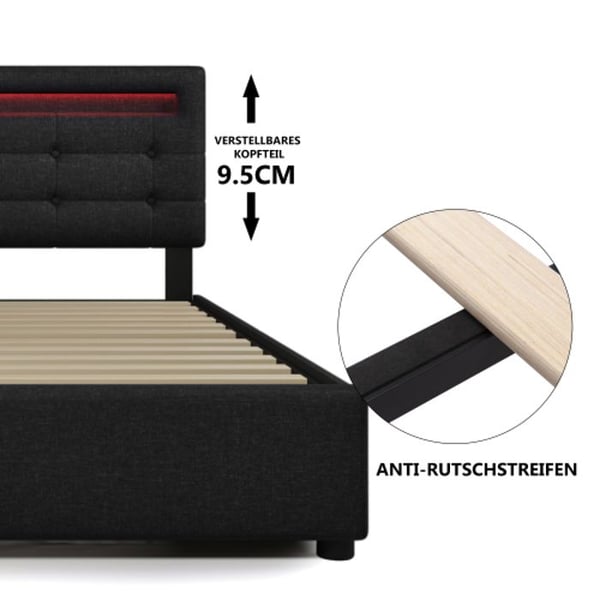 Sengestel - MUVOE - 140x200cm - Sort - 4 skuffer - LED-belysning