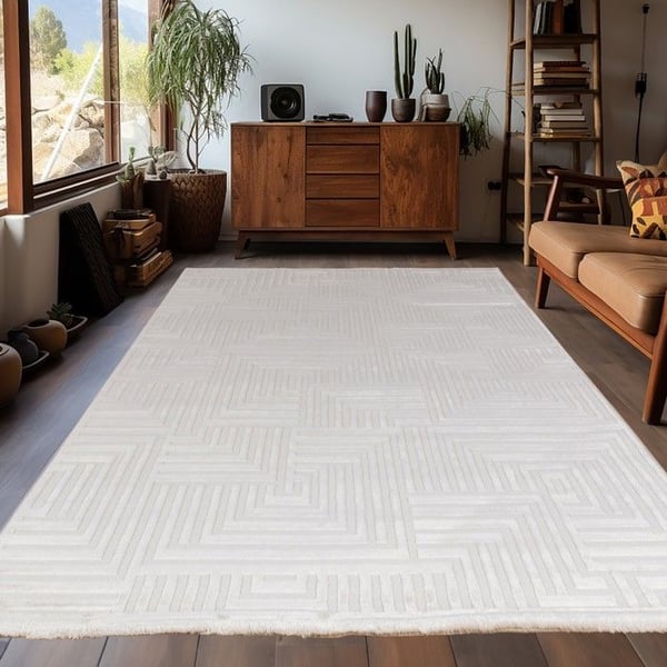 Soffmatta med upphöjda geometriska mönster, bohemisk skandinavisk stil, mjuk, krämfärgad (Dimension: 120X170 cm)