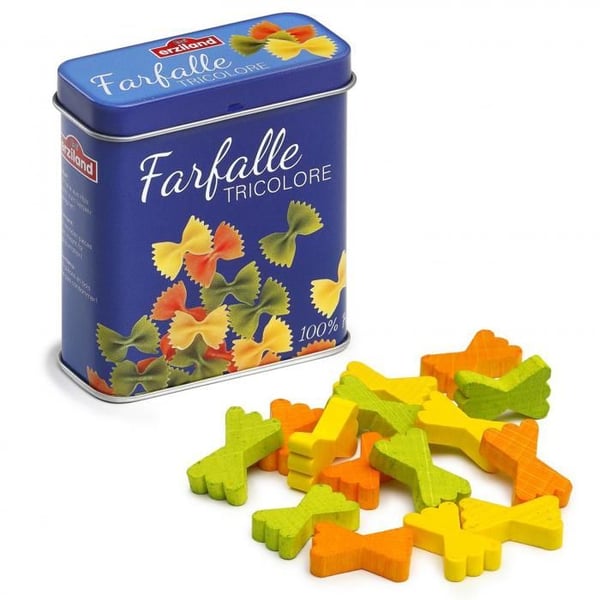 Imitationsspel - ERZI - Låda med Farfalle-pasta - 15 träpasta - För barn 3 till 8 år - Blå färg