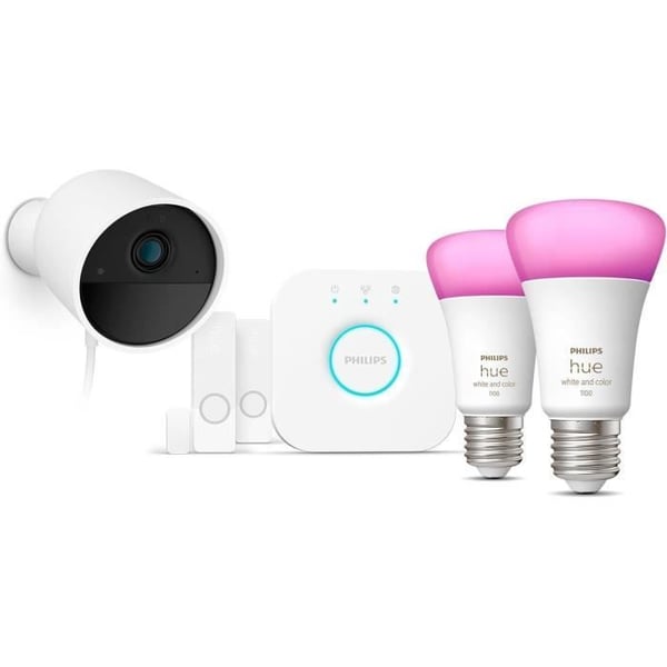 Startkit - Philips Hue - Säkert - Inkluderar: 1 trådbunden kamera + 2 kontakt sensorer + 2 smarta glödlampor + 1 brygga