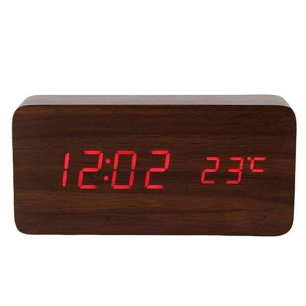 LED-klocka med ljus med datum-/tid-/temperaturvisning, design i brunt trä
