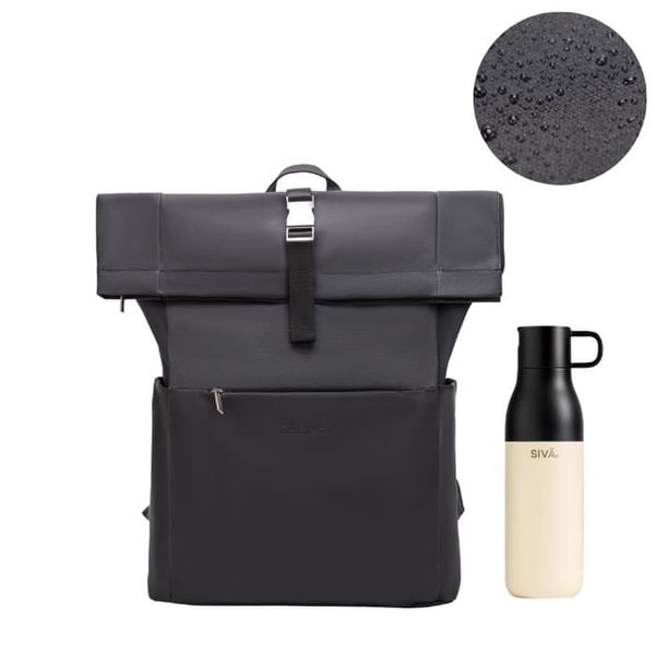 Roll-Top CELIMS Ryggsäck | Handbagage 40x30x20cm | Vattentät & Ultra-Hållbar | Inkluderad Vattenflaska | Svart