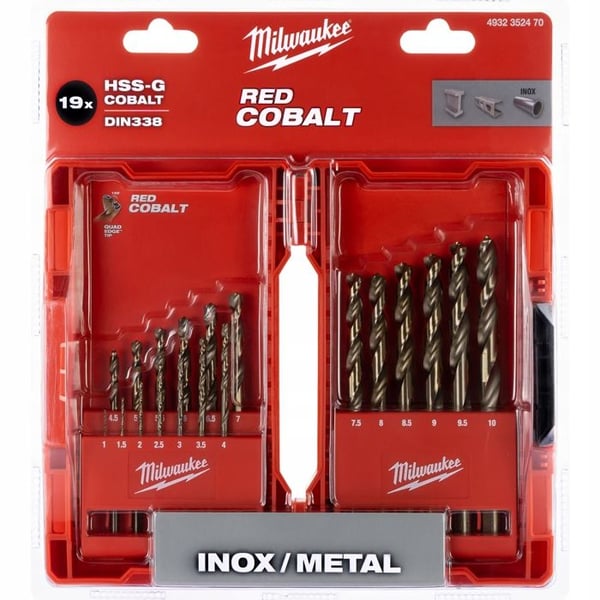 Borr för metall HSS-CO - MILWAUKEE - HSS-G RÖD KOBALT - 19 delar - Ø 1–10 mm - Kobalt 5% 135° Quad Edge