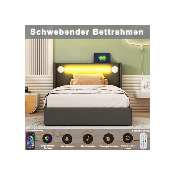 Lasten sänky - MUVOE - 90x200 - Bluetooth - USB - Hydraulinen säilytys