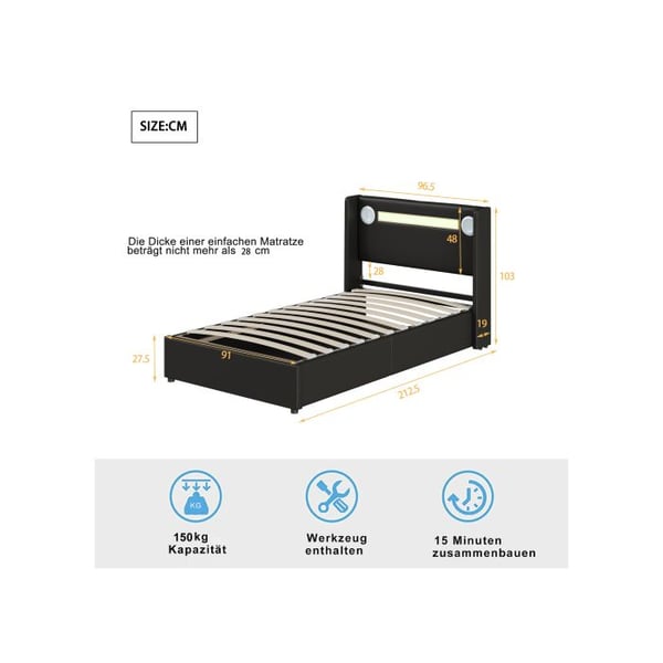 Lasten sänky - MUVOE - 90x200 - Bluetooth - USB - Hydraulinen säilytys