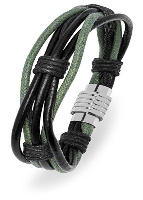 Armband - Troli - Svart och Grön - Läder och Textil - 21 cm