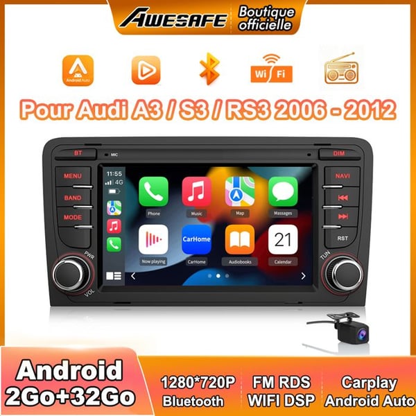 AWESAFE Autoradio Android 13 för Audi A3 8P/S3/RS3/Sportback 2Go+32Go med 7'' Pekskärm Carplay Android Auto Backkamera