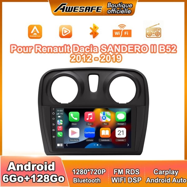 AWESAFE Bilradio 4G Android 13 6Go+128Go för Renault Dacia SANDERO II B52 (2012-2019) 9'' Pekskärm Carplay GPS Android Auto