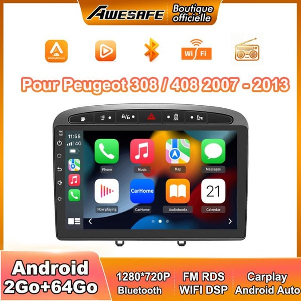 AWESAFE Autoradio Android 13 för Peugeot 308/408 (2007-2013) 2Go+64Go 9'' Pekskärm GPS Android Auto WiFi Grå