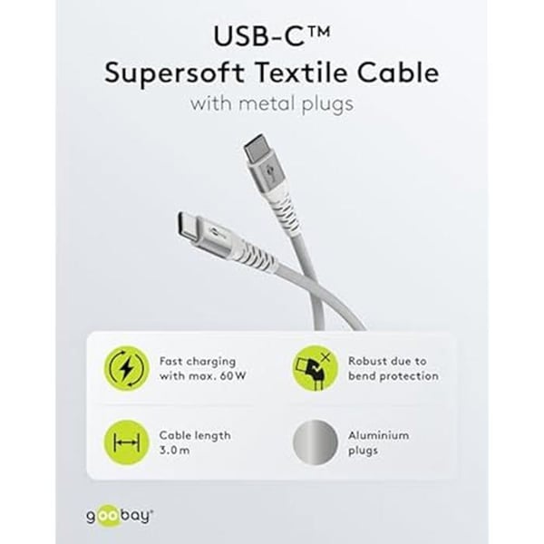 USB-C laddningskabel - GOOBAY - 70195 - 60W - 3m - Vävd i slitstark tyg