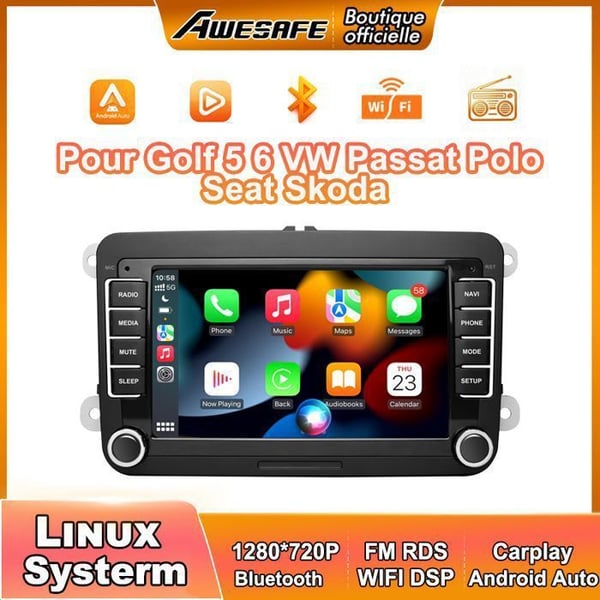 AWESAFE Linux Autoradio för Golf 5 6 VW Passat Polo Seat Skoda 7'' pekskärm Carplay Android Auto (Inget system)