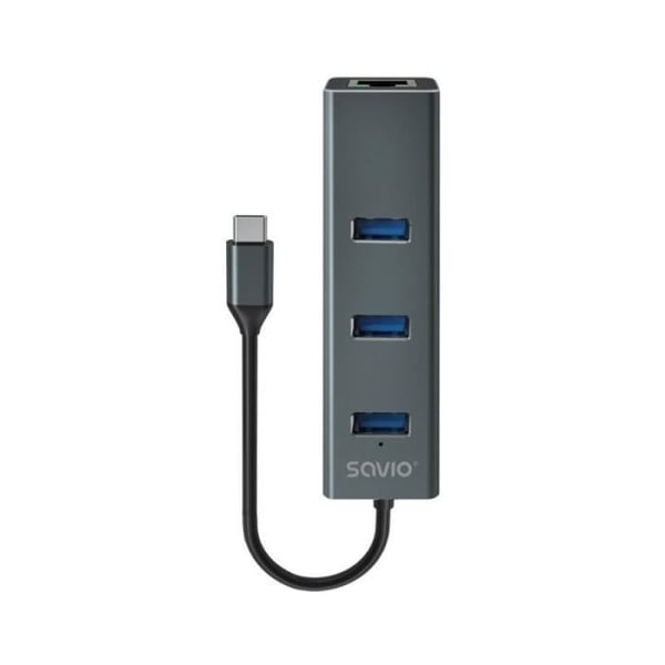 HUB USB-C - SAVIO - AK-57 - 3 portar USB-A - RJ-45 Gigabit Ethernet - Aluminium grå HUB USB-C - SAVIO - AK-57 - 3 portar USB-A - RJ-45 Gigabit Ethernet - Aluminium grå