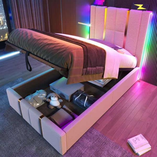 Polstret seng - MUVOE - 90 x 200 cm - USB Type C opladningsfunktion - RGB LED belysning - Opbevaringsskuffer
