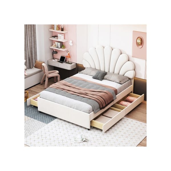 Polstret seng - MUVOE - 140 x 200 cm - Blomsterhovedgærde - 4 opbevaringsskuffer - Beige