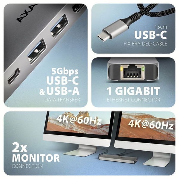 Hub 7-i-1 - AXAGON - HMC-7HX2 - USB-C 5Gbps - 2x HDMI 4k/60 - Power Delivery 100W