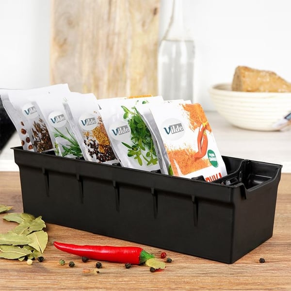 Kryddförvarare - Svart - Plast - 30 x 13 x 8 cm - 5 avskiljare - Hållbar