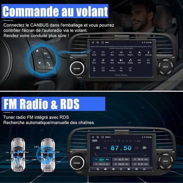 AWESAFE Bilradio Android 13 för Fiat 500 (2007-2015) 2Go+64Go med 7 '' Pekskärm Carplay Android Auto GPS WiFi DSP FM