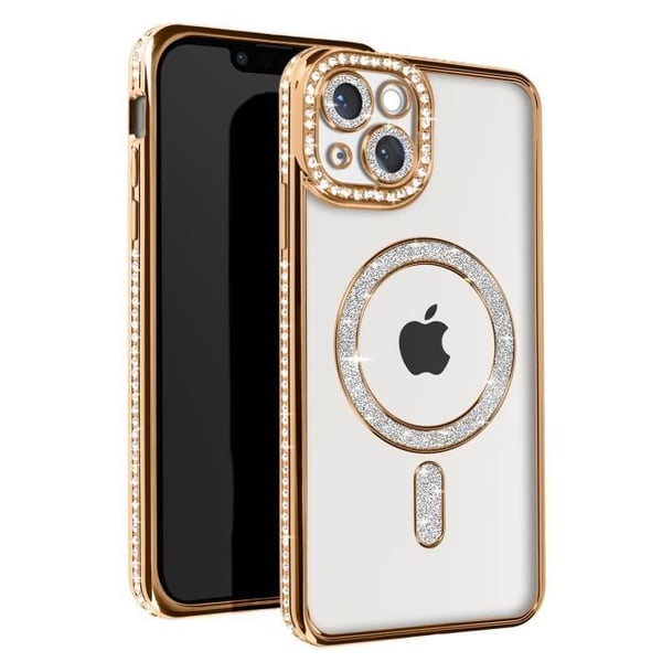 Diamantfodral till iPhone 14 - AVIZAR - Gold Rhinestone Outline - Kompatibel med MagSafe-tillbehör
