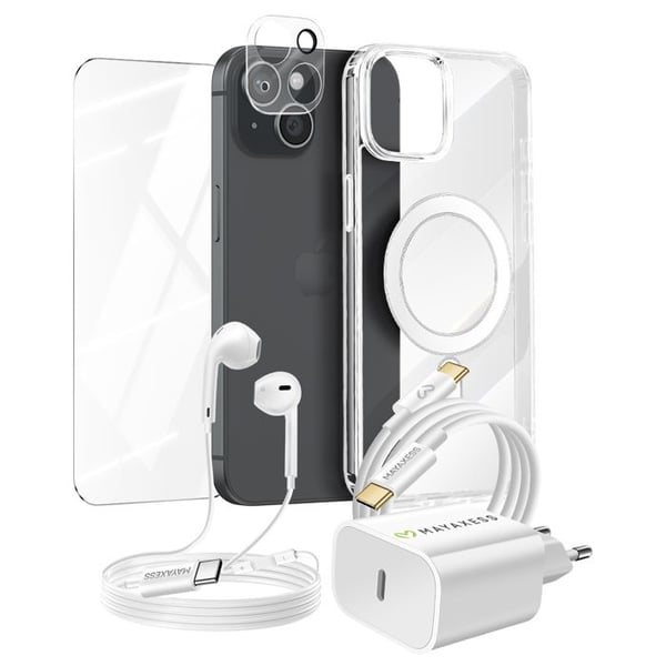 iPhone 15-fodral - MAYAXESS - Transparent skal - 20W laddare - USB-C hörlurar - 9H skärmskydd