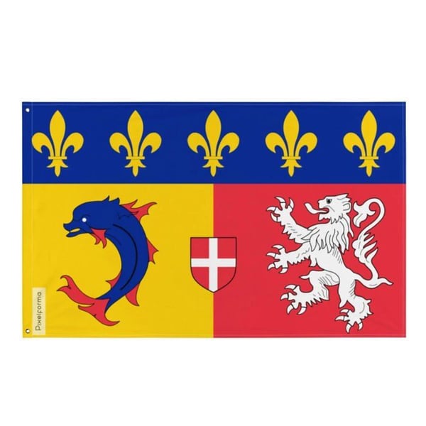 Rhône-Alpes-flagga – 64 x 96 cm – Hållbar polyester – 2 metallöglor – För inomhus- / utomhusbruk – Pixelforma