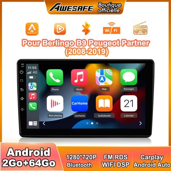 AWESAFE Android 13 bilradio för Berlingo 2 (2008-2019) 2Go+64Go med 9'' pekskärm Carplay Android Auto GPS Wifi