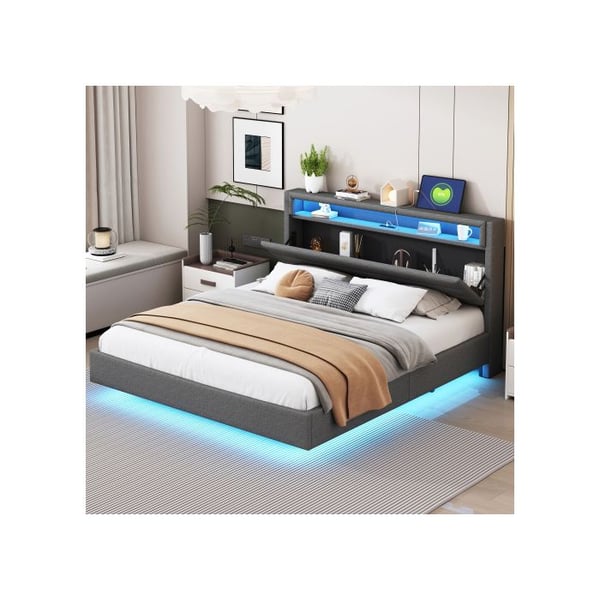 Päällystetty sänky - MUVOE - 160x200 cm - USB-portti - LED-valaistus - Käännettävä pääty