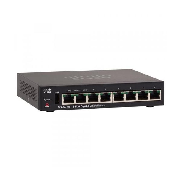 Cisco 250 Series SG250-08 8x10-100-1000 Smart C3 Switch (1 PoE, 1 PoE+) PoE+ Rackmonterbar