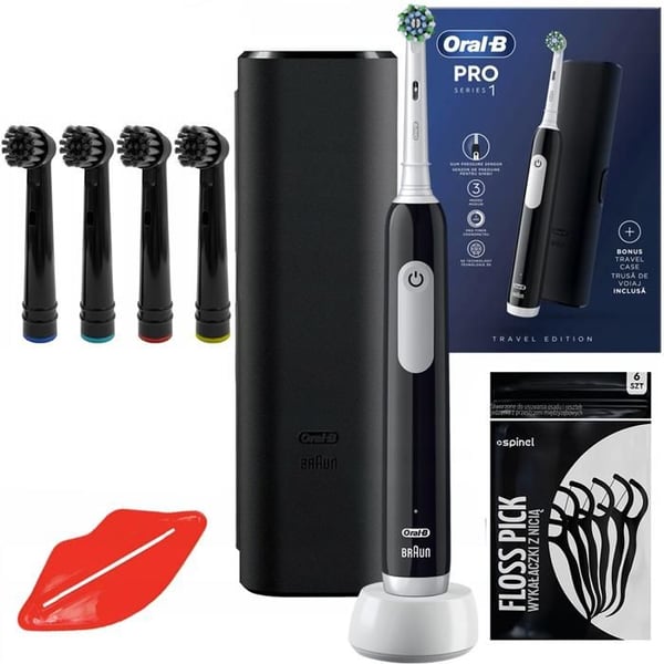 Elektrisk tandborste - Oral-B - Pro Series 1 Black - 3 lägen - Resefodral - 4 svarta borsthuvuden