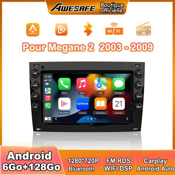 AWESAFE 4G Autoradio Android 13 6Go+128Go till Megane 2 (2003-2009) 7 '' Pekskärm Carplay Android Auto Bluetooth WiFi RDS